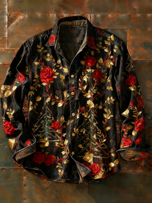 Férfi retro absztrakt művészet nyomtatás alkalmi hosszú ujjú ing