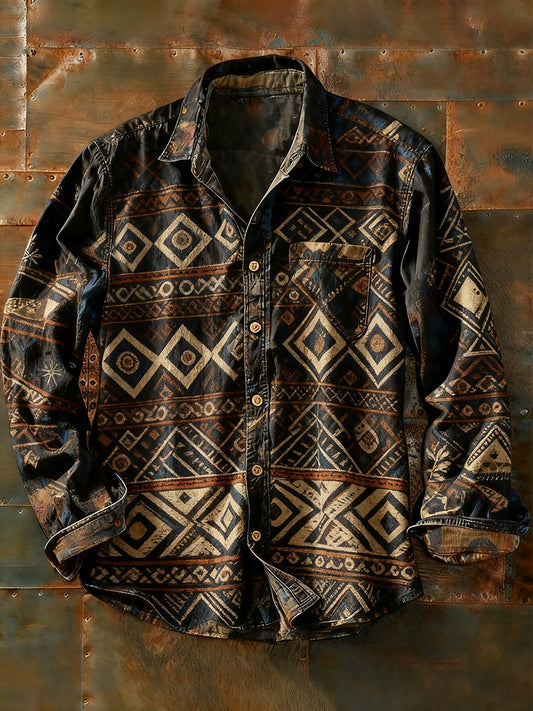 Férfi retro absztrakt művészet nyomtatás alkalmi hosszú ujjú ing