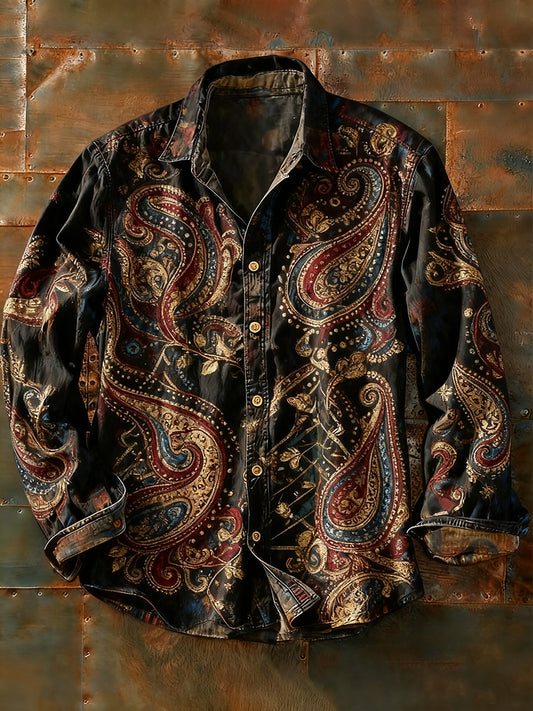 Férfi retro absztrakt művészet nyomtatás alkalmi hosszú ujjú ing