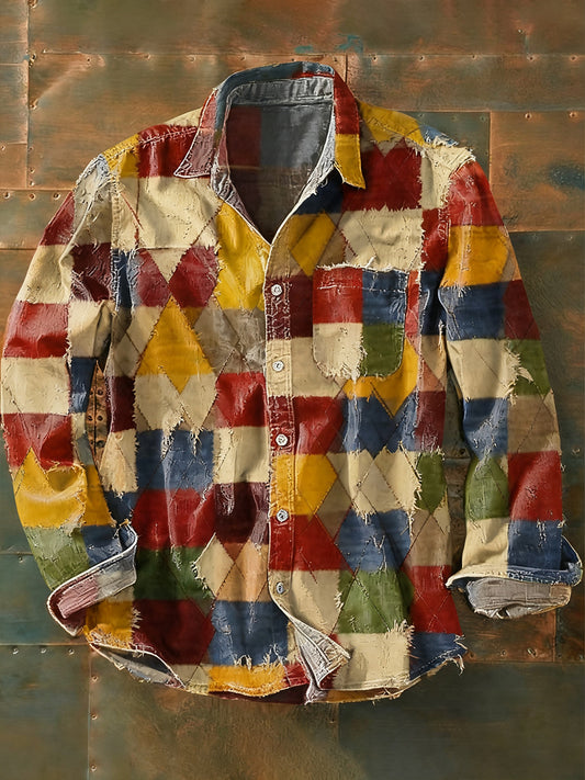 Férfi retro absztrakt művészet nyomtatás alkalmi hosszú ujjú ing