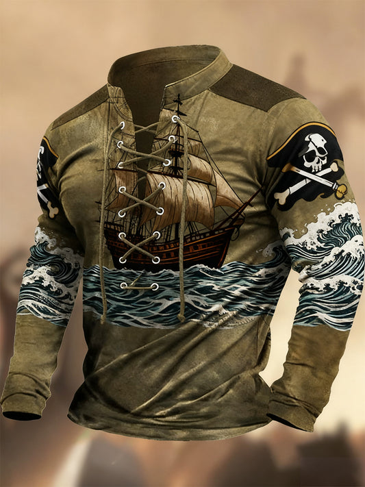 Évjárat nyugati művészet nyomtatás ország stílus v-nyak henley hosszú ujjú ing