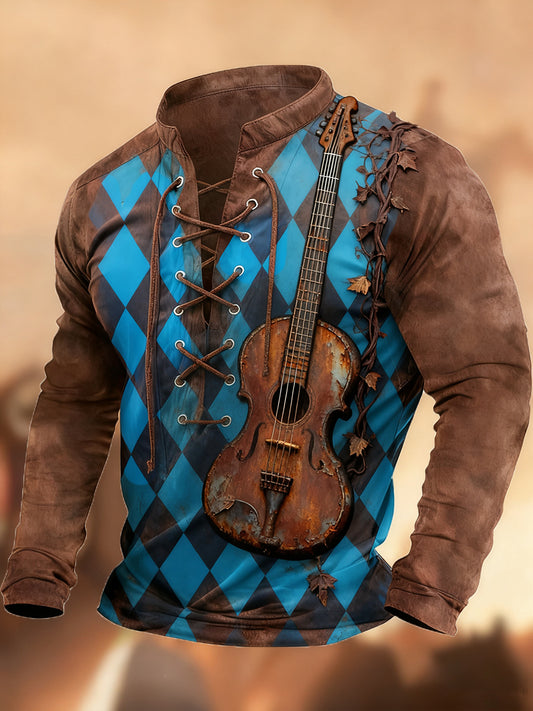 Évjárat nyugati művészet nyomtatás ország stílus v-nyak henley hosszú ujjú ing