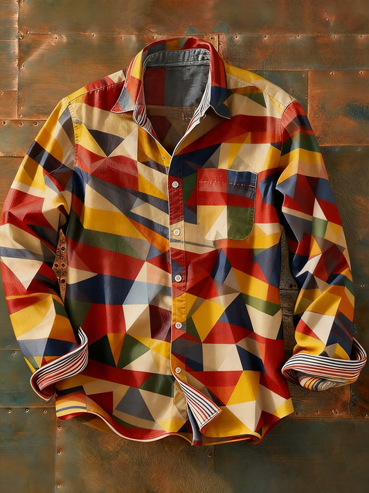 Férfi retro absztrakt művészet nyomtatás alkalmi hosszú ujjú ing