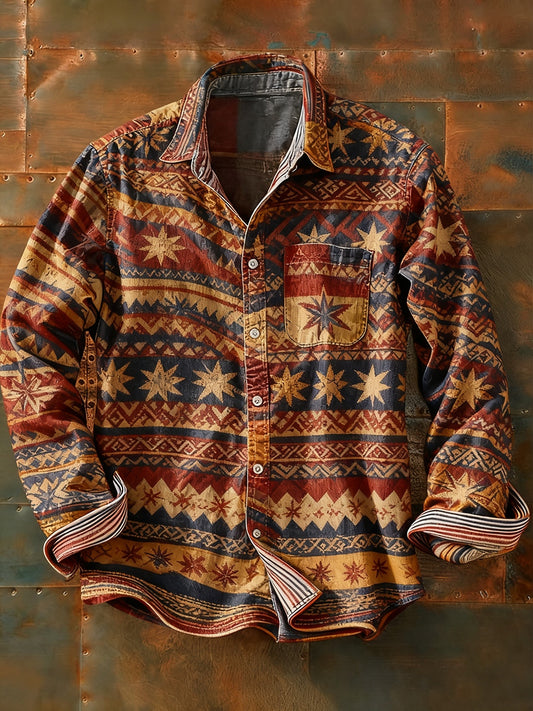 Férfi retro absztrakt művészet nyomtatás alkalmi hosszú ujjú ing