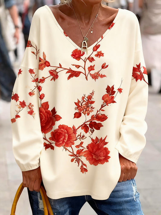 Női vintage művészet virágos nyomtatás kényelem felső