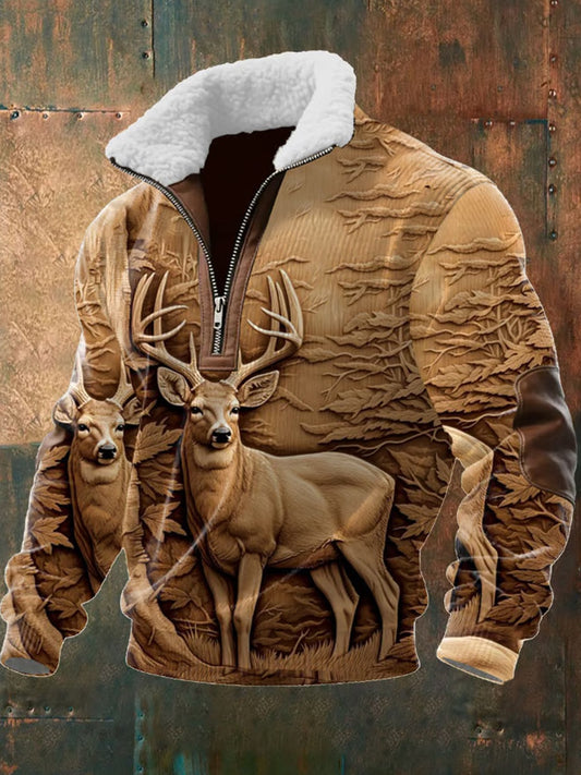 Férfi retro western art print alkalmi cipzár bunda nyakörv pulóver