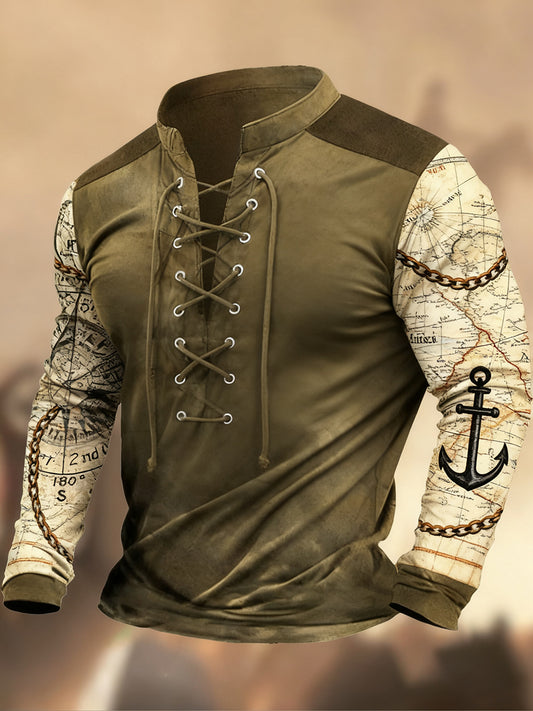 Évjárat nyugati művészet nyomtatás ország stílus v-nyak henley hosszú ujjú ing