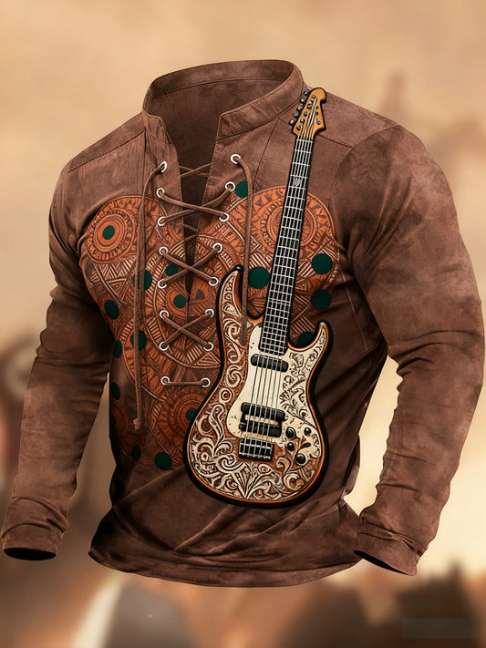 Évjárat nyugati művészet nyomtatás ország stílus v-nyak henley hosszú ujjú ing