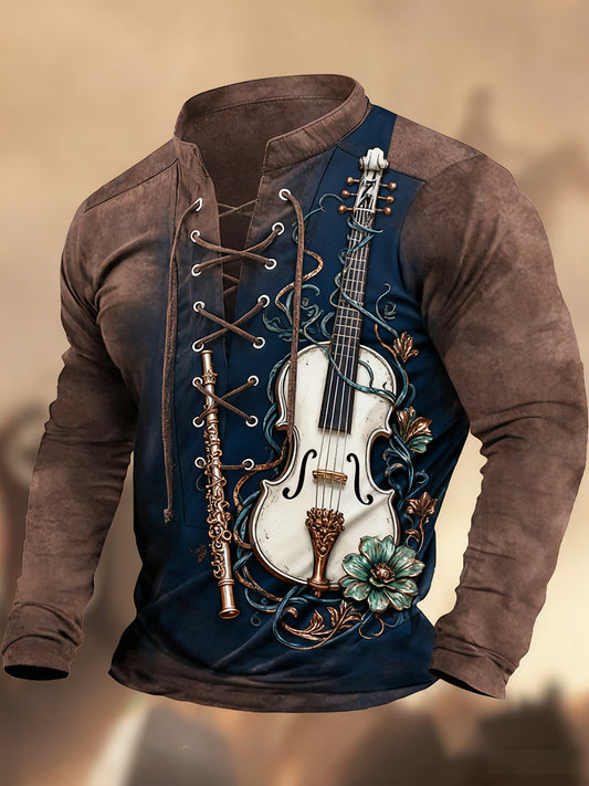 Évjárat nyugati művészet nyomtatás ország stílus v-nyak henley hosszú ujjú ing