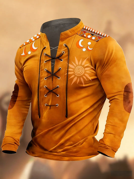 Évjárat nyugati művészet nyomtatás ország stílus v-nyak henley hosszú ujjú ing