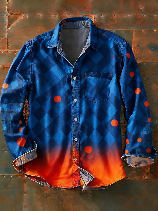 Férfi retro absztrakt művészet nyomtatás alkalmi hosszú ujjú ing