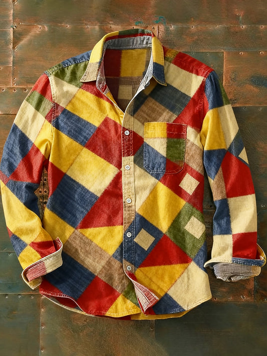 Férfi retro absztrakt művészet nyomtatás alkalmi hosszú ujjú ing