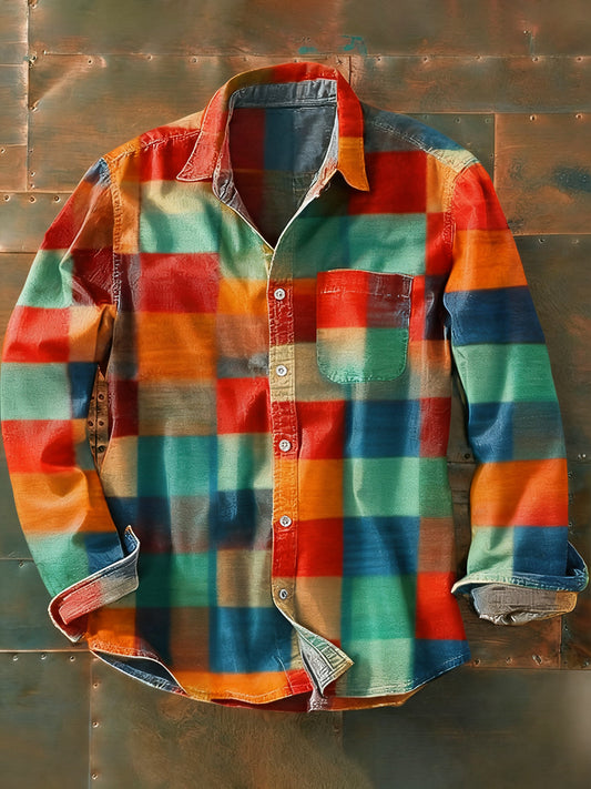 Férfi retro absztrakt művészet nyomtatás alkalmi hosszú ujjú ing