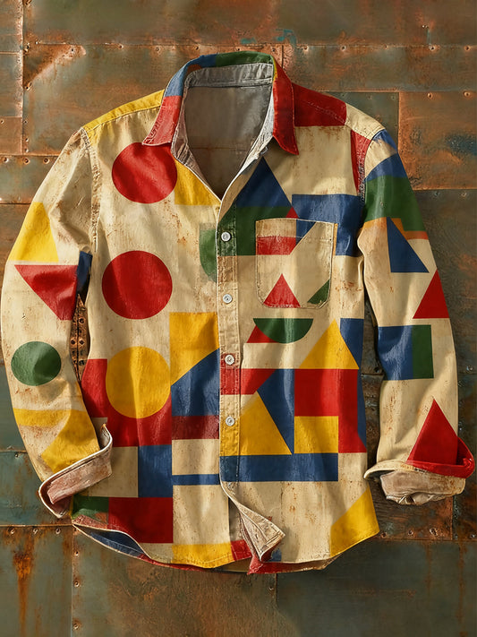 Férfi retro absztrakt művészet nyomtatás alkalmi hosszú ujjú ing