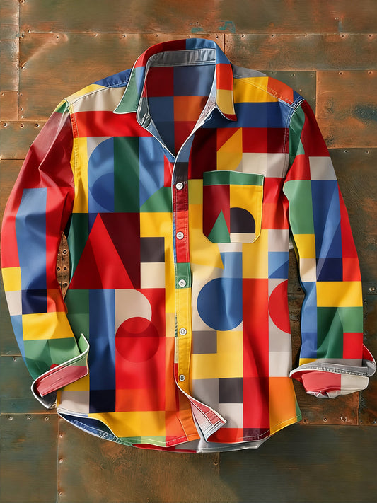 Férfi retro absztrakt művészet nyomtatás alkalmi hosszú ujjú ing