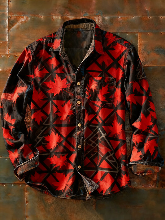 Férfi retro absztrakt művészet nyomtatás alkalmi hosszú ujjú ing