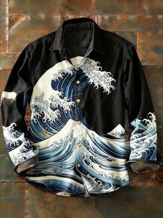 Férfi retro absztrakt művészet nyomtatás alkalmi hosszú ujjú ing