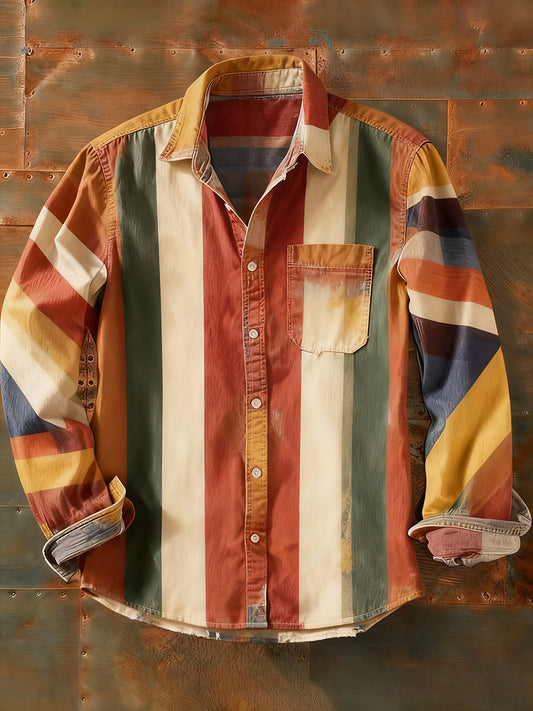 Férfi retro absztrakt művészet nyomtatás alkalmi hosszú ujjú ing