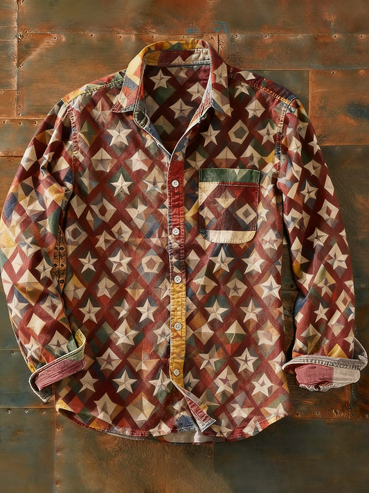 Férfi retro absztrakt művészet nyomtatás alkalmi hosszú ujjú ing