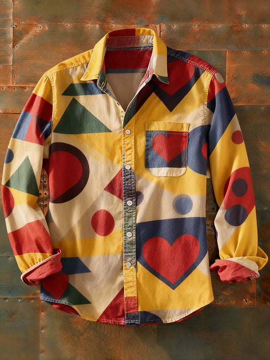 Férfi retro absztrakt művészet nyomtatás alkalmi hosszú ujjú ing