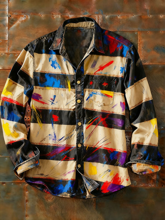 Férfi retro absztrakt művészet nyomtatás alkalmi hosszú ujjú ing