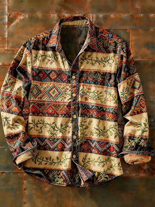 Férfi retro absztrakt művészet nyomtatás alkalmi hosszú ujjú ing