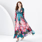 Elegáns virág nyomtatott v-nyak elegáns chiffon hosszú ujjú teljes hemline maxi ruha