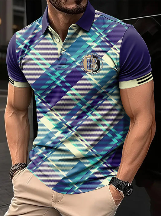 Férfi retro többszínű kockás spliced art nyomtatott alkalmi üzleti póló