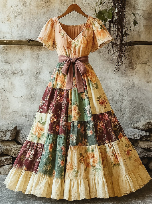 Női retro vidéki virágos patchwork nyomtatott v-nyak rövid ujjú pamut maxi ruha