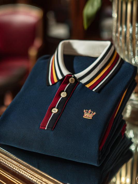 Retro royal stripe patchwork business rövid ujjú pólóing