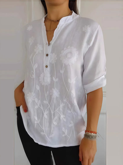 Női csipke hímzett gomb-le v-nyak ing