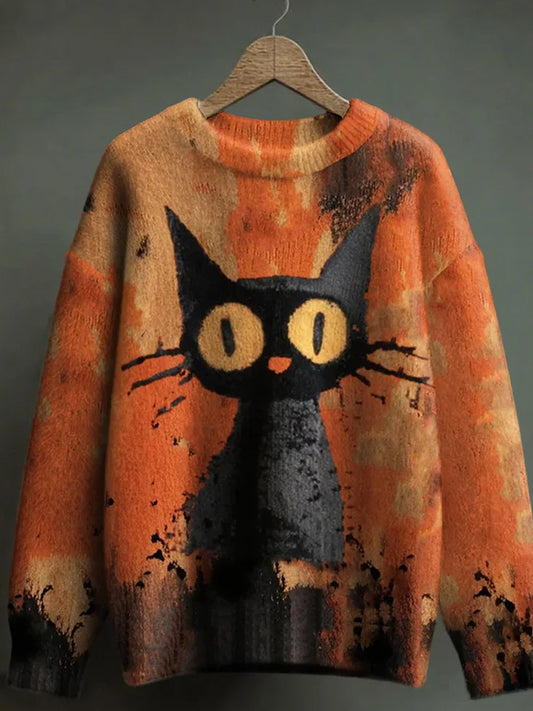 Női vintage állat nyomtatás kényelem alkalmi pulóver