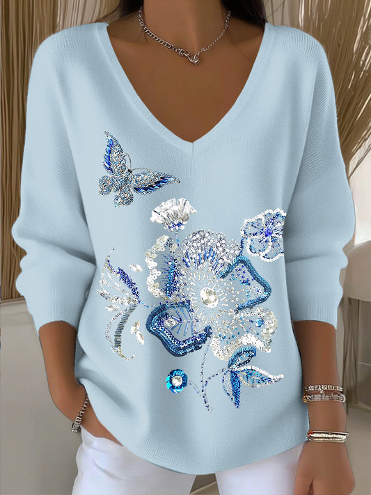 Női pillangó virágos rhinestone art v-nyak felső