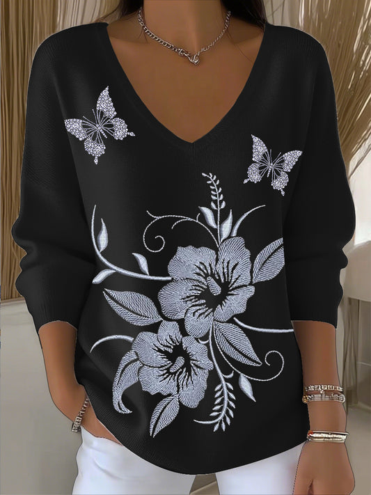 Női vintage pillangó virágos art v-nyak felső