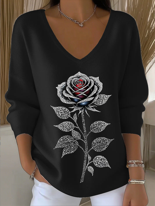 Női vintage rózsa rhinestone art v-nyak felső