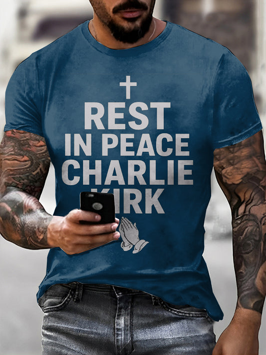 Férfi imádkozz charlie kirk nyomtatott vintage divat laza rövid ujjú póló