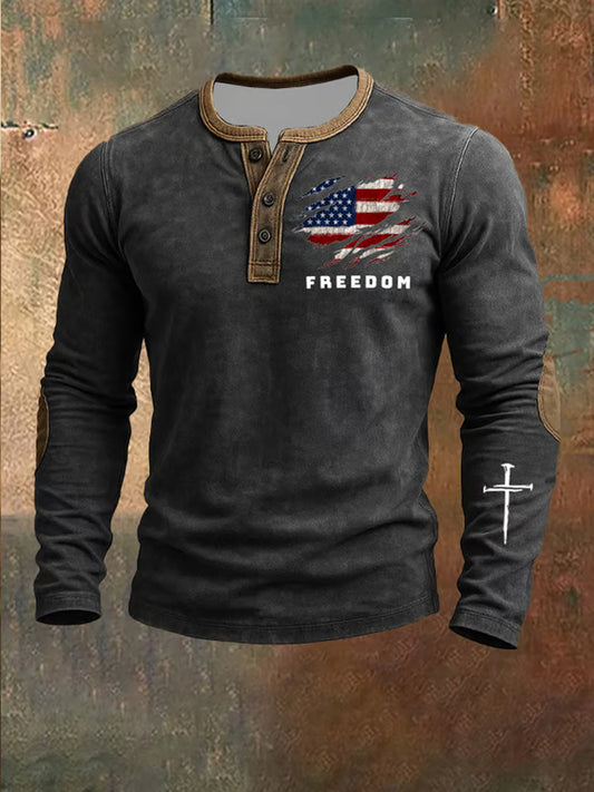 Férfi szabadság amerikai zászló nyomtatás alkalmi henley