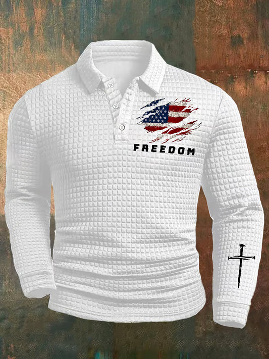 Férfi szabadság amerikai zászló nyomtatás alkalmi waffle polo ing