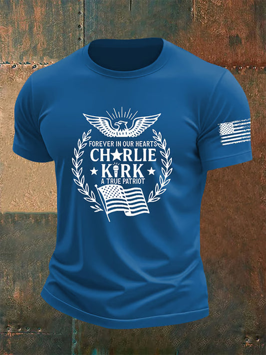 Férfi vintage charlie kirk amerikai zászló nyomtatás emlékpóló