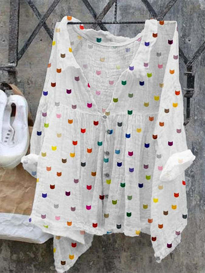 Női alkalmi v-nyak macska grafika nyomtatás kényelmes ing ruha