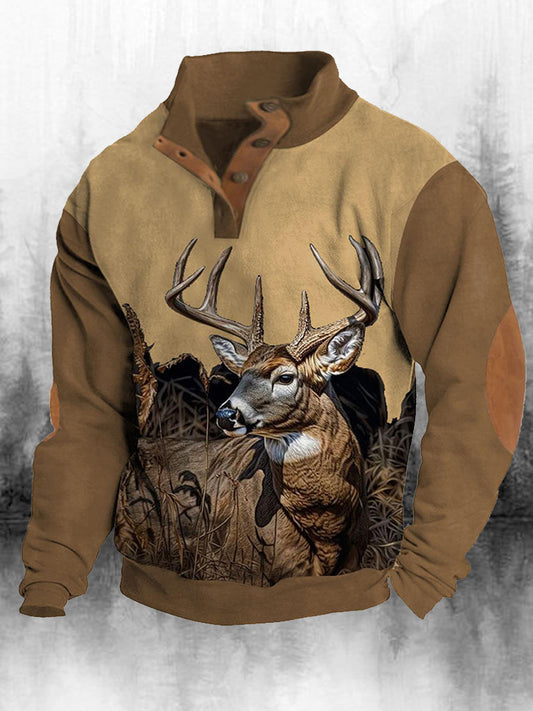 Férfi retro western nyomtatás turtleneck laza 4 gomb henley nyak hosszú ujjú felső