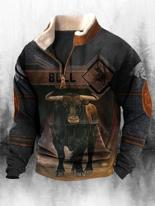 Férfi retro western nyomtatás magas nyak fél cipzár hosszú ujjú felső