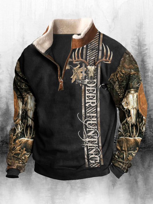 Férfi retro western nyomtatás magas nyak fél cipzár hosszú ujjú felső