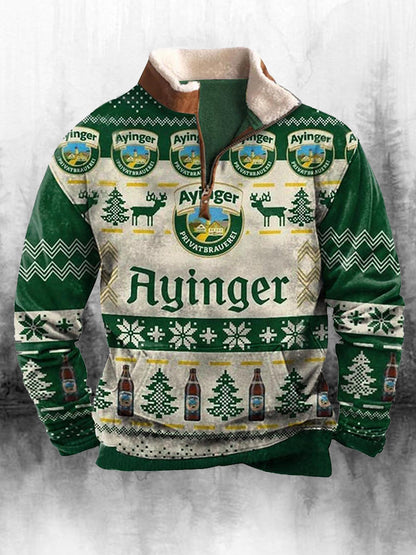 Férfi retro karácsonyi nyomtatás magas nyak fél cipzár hosszú ujjú felső