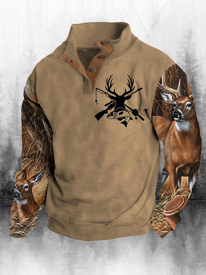 Férfi retro western nyomtatás turtleneck laza 4 gomb henley nyak hosszú ujjú felső