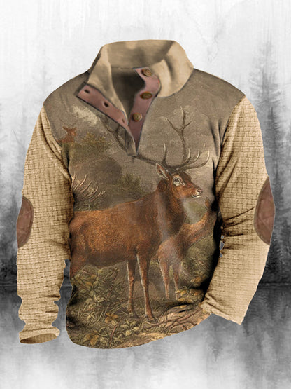 Férfi retro etnikai nyomtatás magas gallér fél zip hosszú ujjú felső