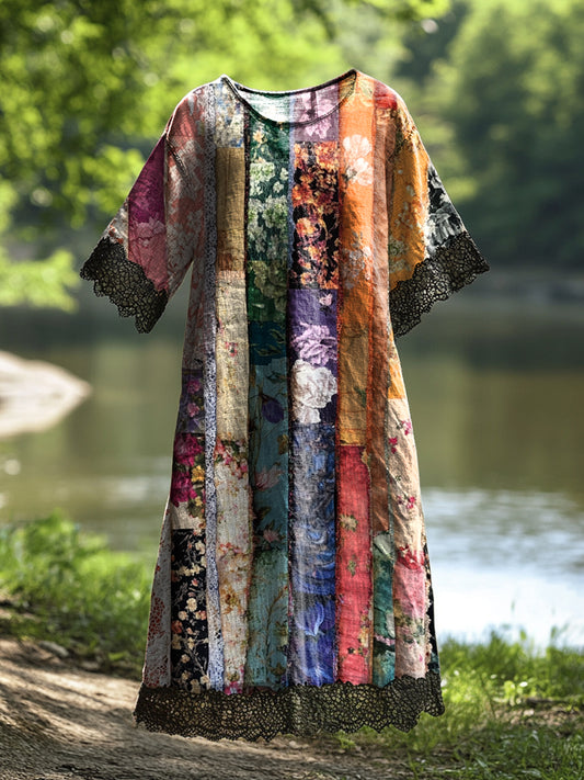 Női vintage virág művészet nyomtatás alkalmi pamut csipke midi ruha