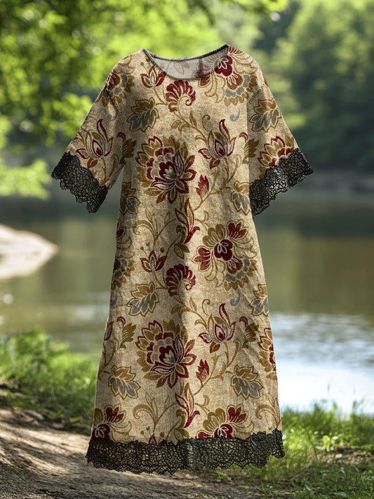 Női vintage virág művészet nyomtatás alkalmi pamut csipke midi ruha