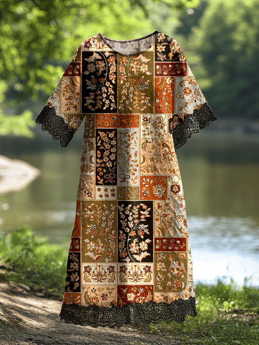 Női vintage virág művészet nyomtatás alkalmi pamut csipke midi ruha