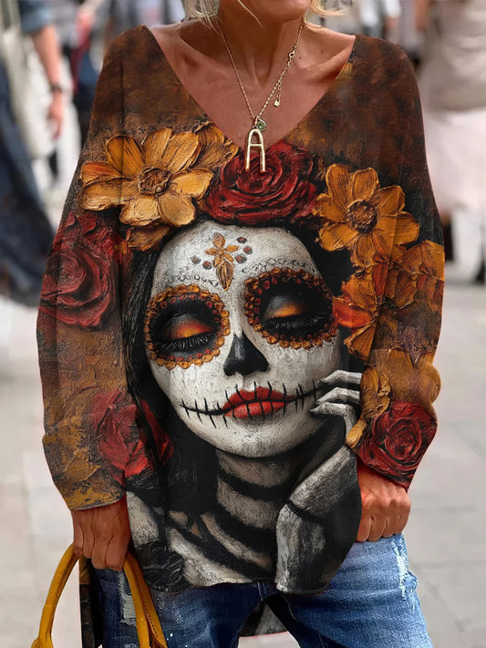 Évjárat mexikói nap a halott művészet nyomtatás alkalmi v-nyak felső